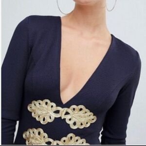 Rare London Navy Deep V Military style L/S dress SZ 8